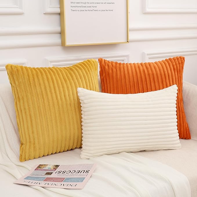 Simmore Decorative Fall Throw Pillow Covers 12x20 Set of 2, Soft Natural Plush Flannel Double-Sided Fluffy Lumbar Pillow Covers for Couch Sofa Living Room, Orange