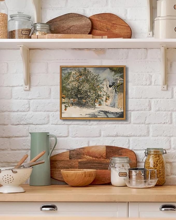 VIYYIEA Framed Canvas Wall Art Vintage Decor, Country Orange Trees Earthy Room Decor Aesthetic, Kitchen Living Room Bedroom Bathroom Rustic Farmhouse Decorations, 9"x11"