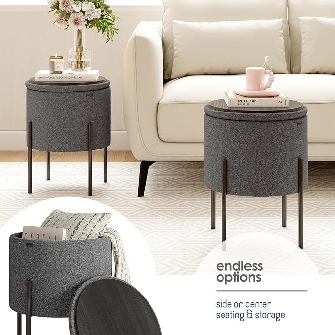 STORAGEBUD Round Ottoman with Storage, Boucle Storage Foot Stool, Makeup Vanity Stool, Small Ottoman Foot Rest, Modern Ottomans for Living Room and Bedroom, Grey