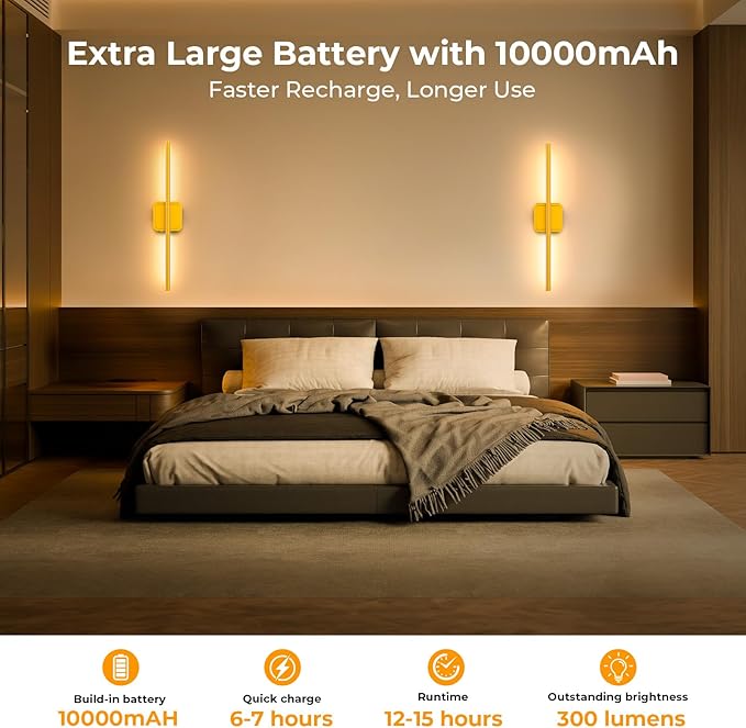 1 Pack Battery Operated Wall Sconce Detachable 360°Rotate, Wireless Wall Lamp 3000-6500K Dimmable, 10000mAh Rechargeable Wall Light for Bedroom, Living Room,28" Gold