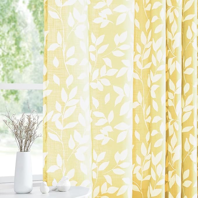 Treatmentex Semi-Sheer Curtains for Living Room Windows 95" Long White and Yellow Leaf Print Curtains for Girl's Room, Bedroom Grommet Top Curtain Panels, Mustard Yellow, 1 Pair