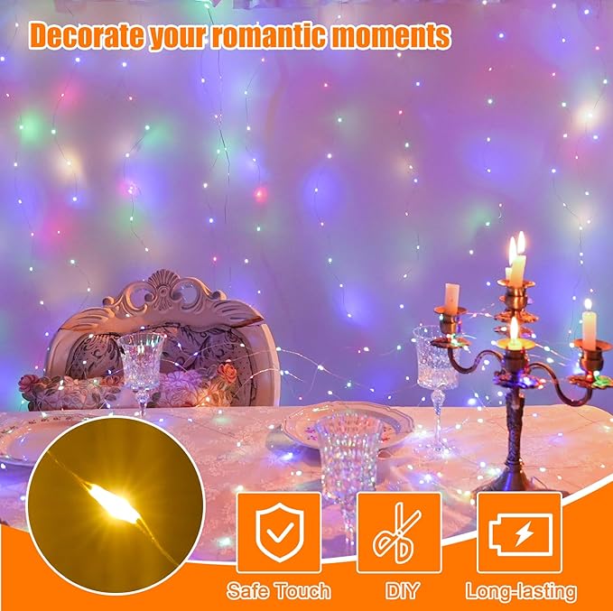 Curtain String Lights, Multicolor Curtain Light for Bedroom, USB Powered 8 Modes Remote Fairy Light for Home Wedding Party Decor