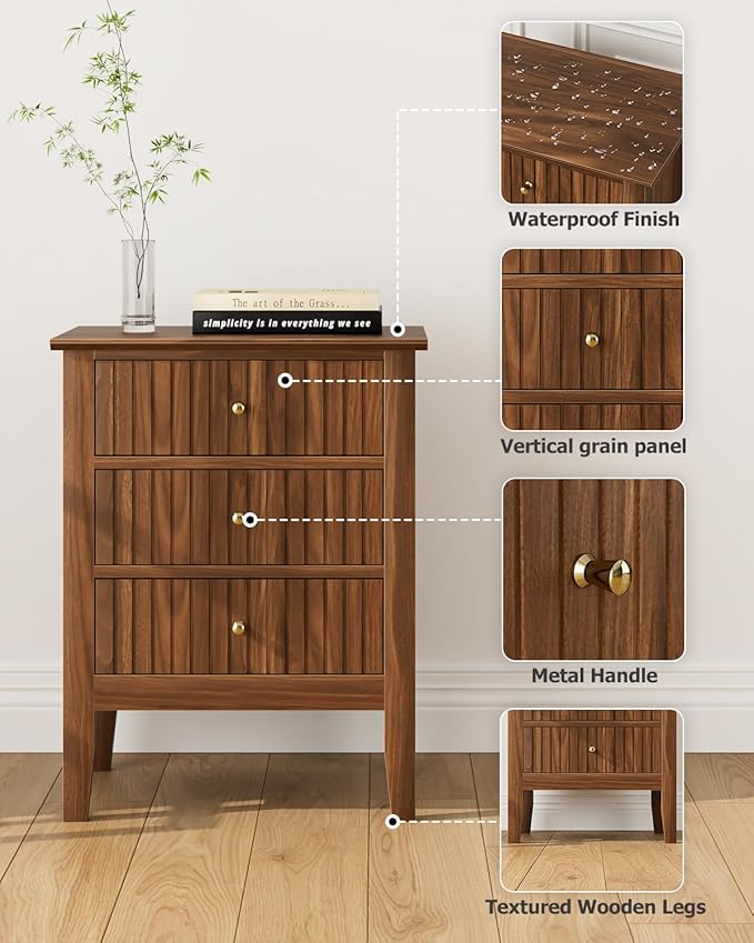 Night Stand, Fluted Nightstand Bedside Tall Farmhouse Nightstand with 3 Drawers, Mid Century Modern Side Accent Table,Bedside End Table for Bedroom, Living Room, Walnut