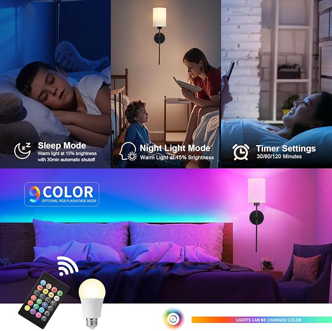 Battery Operated Wall Sconce Set of Two,Wireless Rechargeable Wall Light With Remote Control, Dimmable, 1800K/3000K/4000K/6000K/RGB, Timer, for Living Room, Bedroom, Fireplace, TV, 26.8 Inch, Black