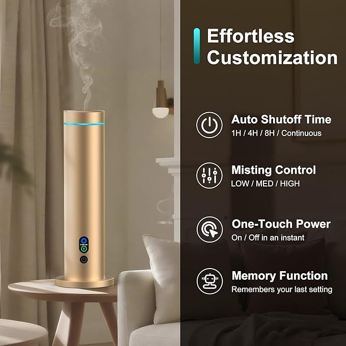 Waterless Diffuser, 1000 Sq.Ft Coverage, Essential Oil Diffuser with Tilt-Safe, Remote Control, Adjustable Mist Mode, Mood Lights Aromatherapy Diffuser for Home, Large Room, Office, Hotel, Gold