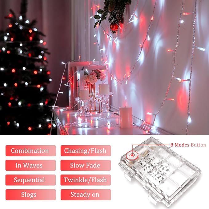 JMEXSUSS 2 Pack Red and White Battery String Lights, Each 33ft 100 LED Battery Powered Christmas Lights with Remote for Outside Party Birthday