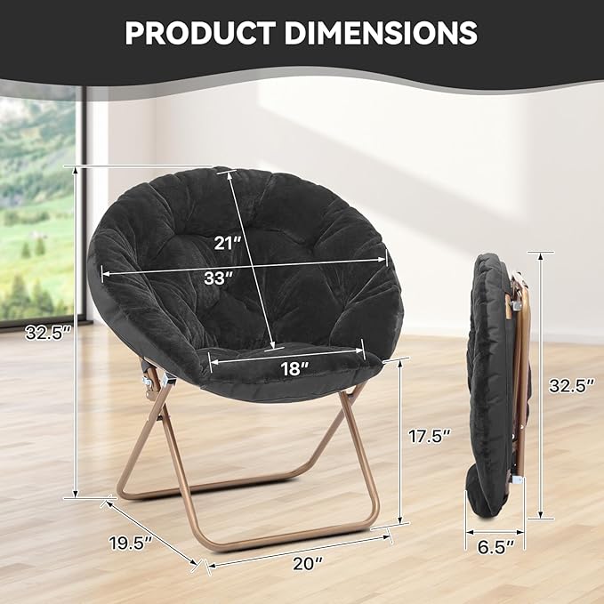 Magshion Saucer Chair for Adults, Comfy Living Room Lounge Chair for Bedroom Corner, Dorm, Apartment, Faux Fur Fluffy Circle Accent Seat with Thick Padded & Folding Metal Frame (Black)