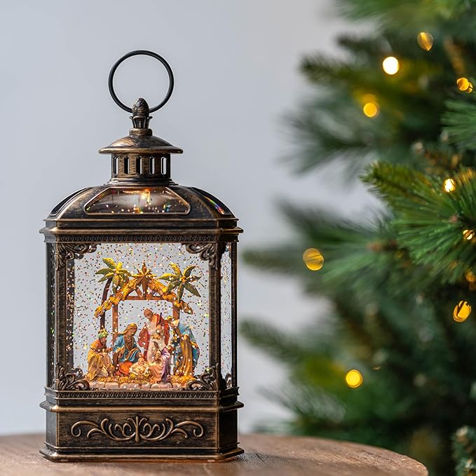 Christmas Snow Globe Lantern Lighted Manger Nativity Scene, Musical Water Lantern Play Silent Night Music in Swirling Glitter, Holiday Decorations Gift
