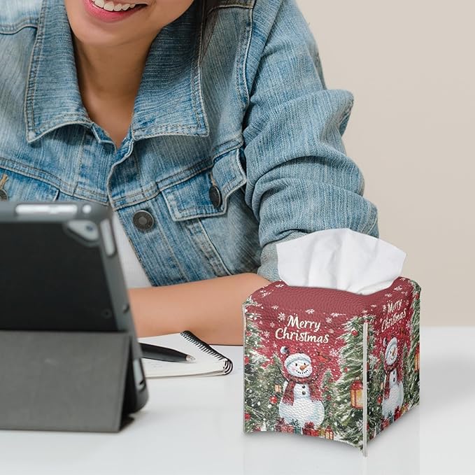 Christmas Tissue Box Cover Square PU Leather Tissue Box Holder Facial Paper Boxes Case for Tabletop Night Stands Bathroom Office Modern Decorative Cute Snowman Cube Napkin Case