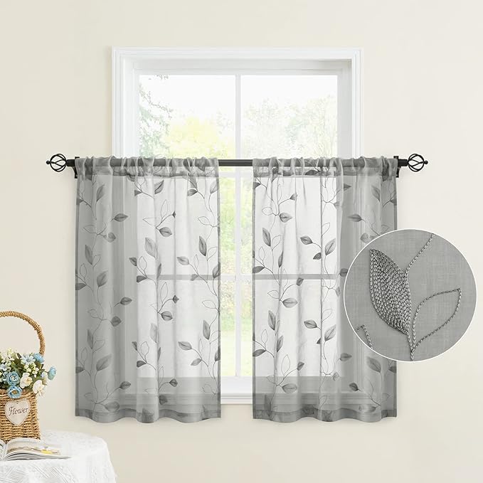 HOMEIDEAS Grey Sheer Kitchen Curtains 30 X 36 Inch Length 2 Panels Embroidered Leaf Pattern Short Curtains for Small Window Valance Tiers