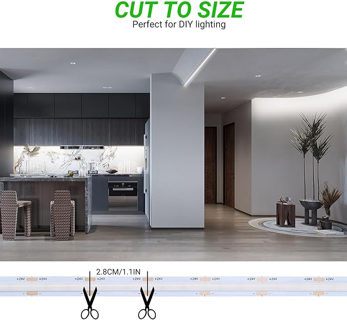 JOYLIT 24V COB LED Strip Lights 16.4FT/5M 288LEDs/M 6000K Cool White, UL Premium 6W/FT 10500LM Super Bright Dimmable LED Tape CRI 92, 120 Degree Beam Angle Light Strip Without Dots (No Power Supply)