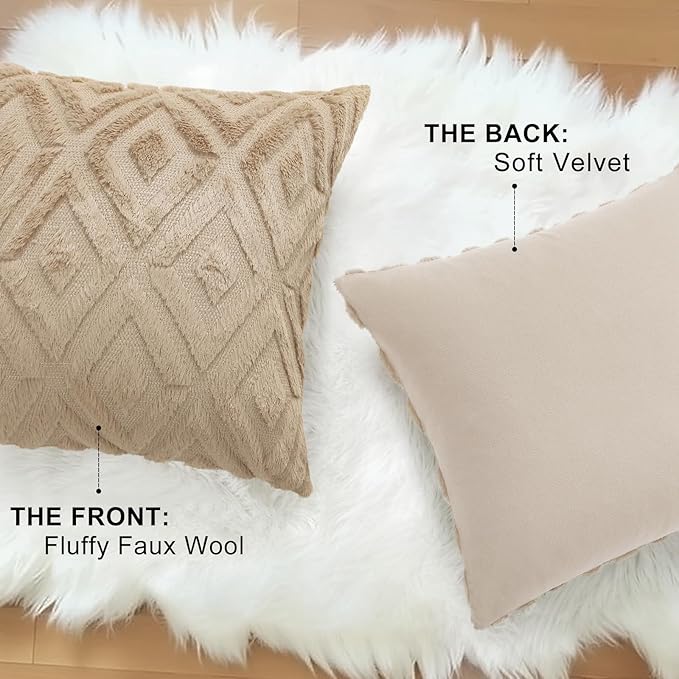 decorUhome Couch Throw Pillow Covers 16x16 Set of 2, Decorative Soft Plush Faux Wool Neutral Accent Pillow Covers for Bed Sofa Living Room, Light Khaki