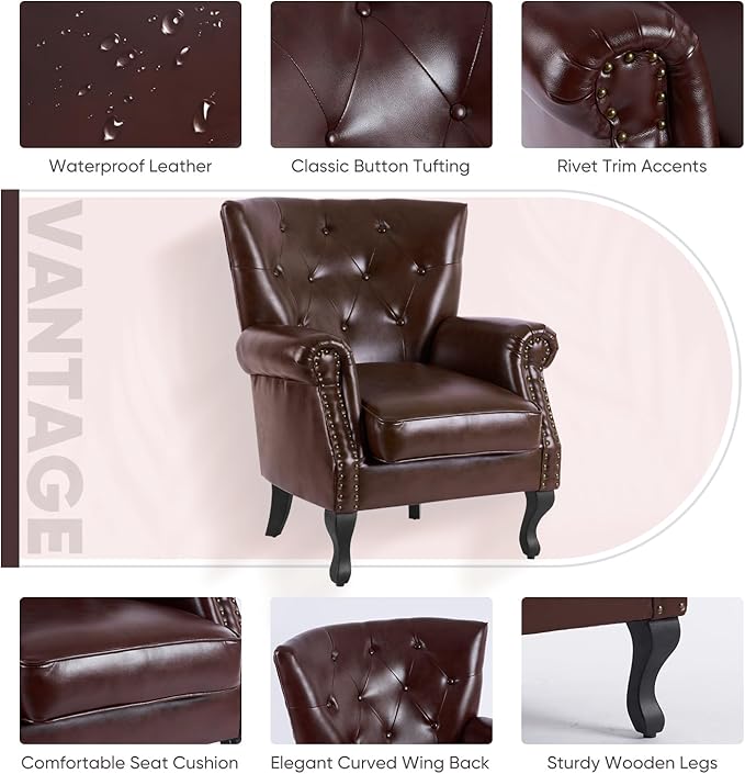 MOJAY PU Leather Accent Chair Set of 2, Mid-Century Modern Armchair Living Room Club Chair with Tufted Button & Rivet Trim, Upholstered Sofa Chair with Sturdy Wood Legs for Bedroom (Reddish Brown)