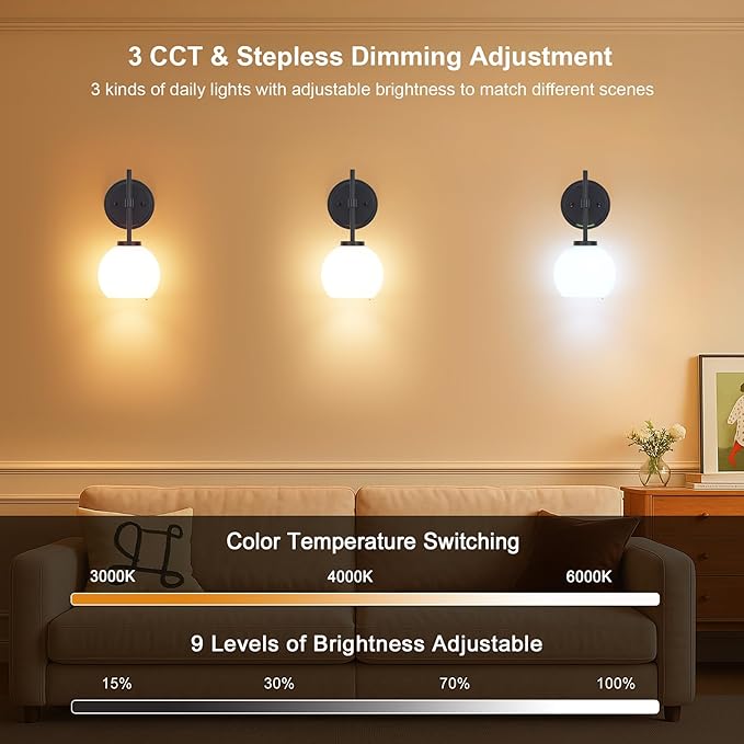 Black Wireless Rechargeable Wall Sconces with Remote Control, Battery Operated Wall Sconce Set of 2, LED Dimmable Wall Lights with Opal White Glass Shade, 12 Colors RGB & 3 CCT Bulb