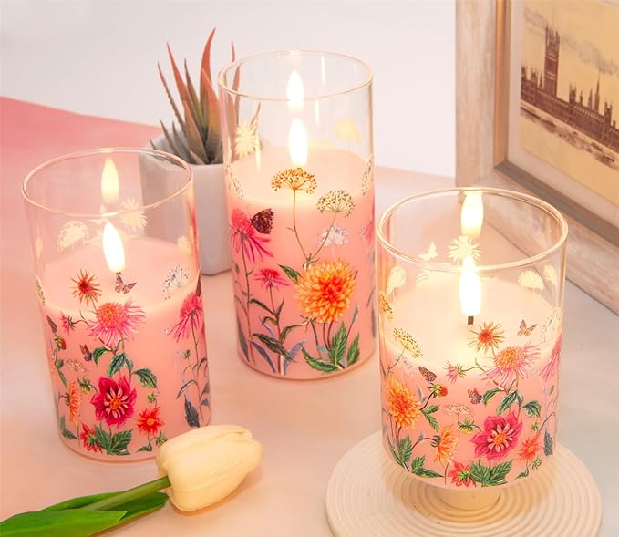 Pink Floral Glass Flameless Candles with Remote, Flickering Real Wax LED Pillar Candles Set of 3