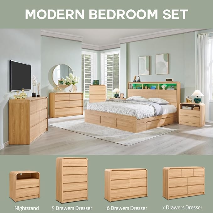 25" Tall Modern Nightstand with Charging Station, 23.6'' Wide Wood Bedside Table w/2 Storage Drawers, Large Mid Century End Table for Bedroom, Living Room, Curved Profile Design,Natural Oak