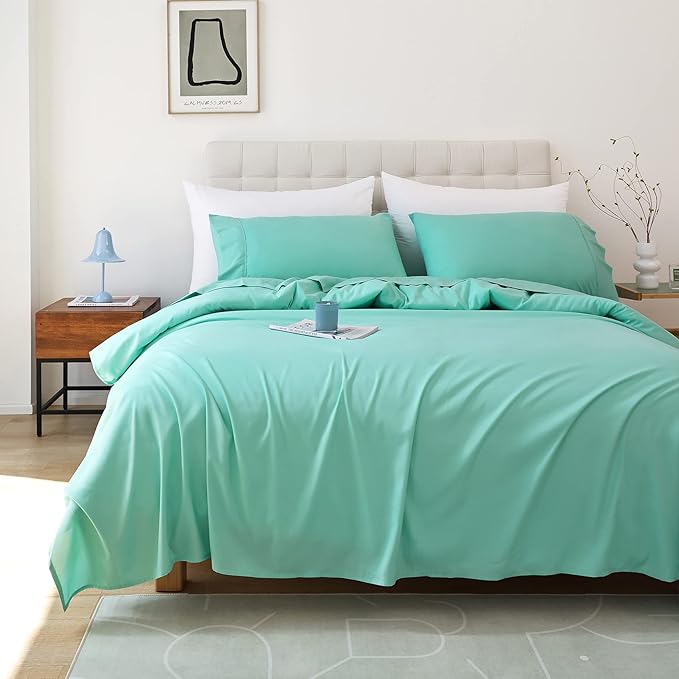Whitney Home Textile King Size Sheets Set, Soft Microfiber Hotel Bed Sheets King Size, Extra Deep Pocket, Luxury Breathable Bedding Sheet & Pillowcase Sets, 4 Piece Wrinkle Free Oeko-Tex, Aqua