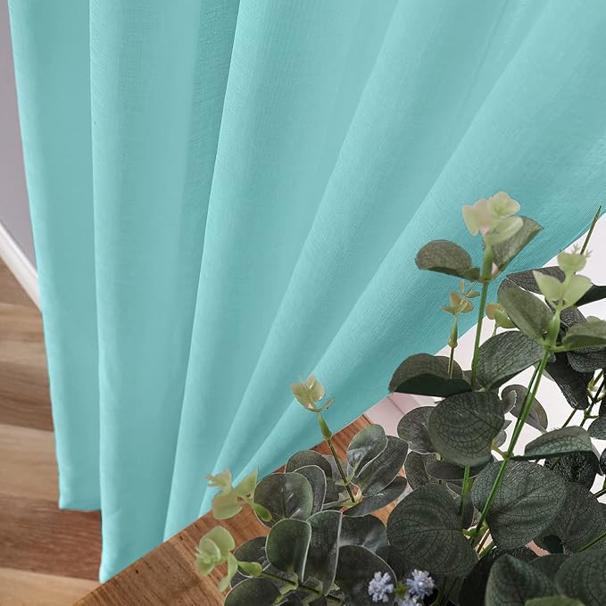 Tollpiz Sheer Tier Curtain Linen Textured Half Kitchen Curtains Sheer Light Filtering Rod Pocket Voile Small Curtains for Bathroom, 25 x 36 inches Long, Crystal Blue, Set of 2 Panels