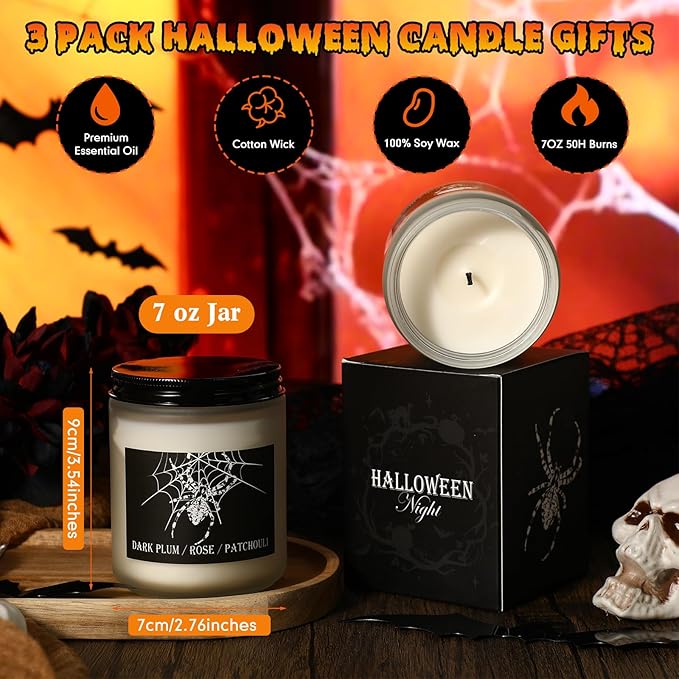 3 Pack Halloween Scented Candles Gifts Halloween Spooky Skull Crow Spider Candles Set with Presents Boxes for Home Decor Indoor