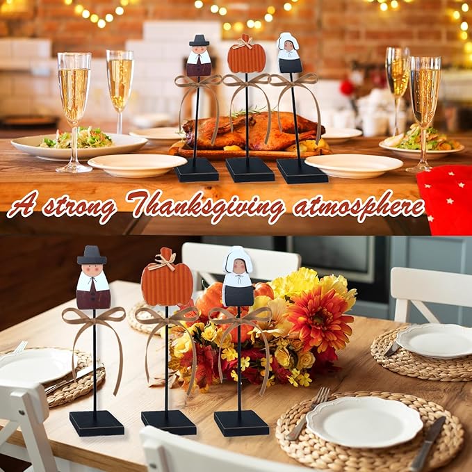 3 Pcs Thanksgiving Tiered Tray Decor Turkey Wooden Table Pilgrim Couple Decorations Indoor Fall Sign for Thanksgiving aumtum Home Table Decor