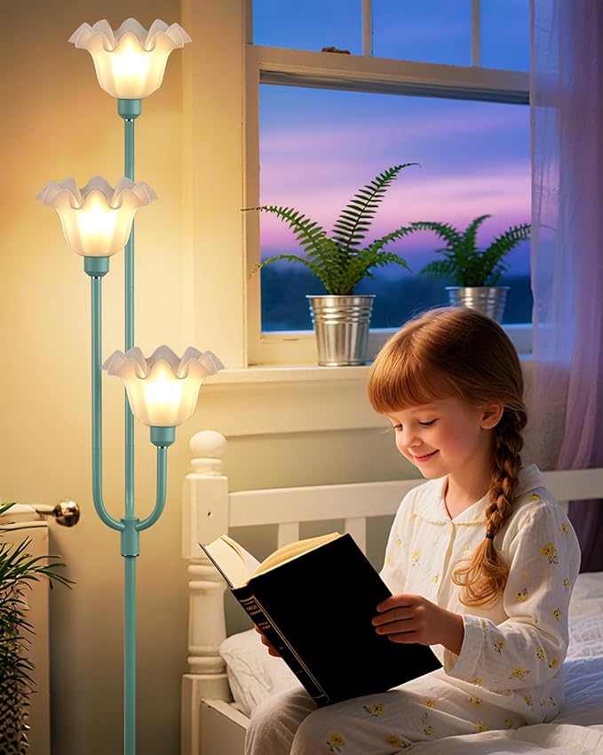 Lightdot Flower Floor Lamp 3-Lights Rustic Floor Lamps with 3000K Warm White Bulbs for Wedding Party Modern Tall Standing Lamp for Living Room/Bedroom-Grey Green