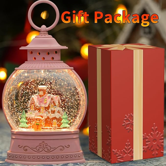 Christmas Snow Globes, Gingerbread House Musical Snow Globe Light up Swirling Glitter Snow Globe Pink Lantern with Timer, USB & Battery Operated Candy Cottage and Gingerbread Man Christmas Home Decor