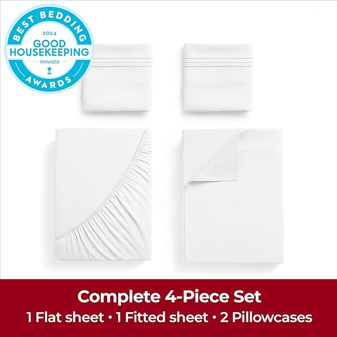 Mellanni Extra Deep Queen Sheets - 4 PC Iconic Collection Bedding - Hotel Luxury, Ultra Soft, Cooling Bed Sheets - Wrinkle, Fade, Stain Resistant (Queen, White)