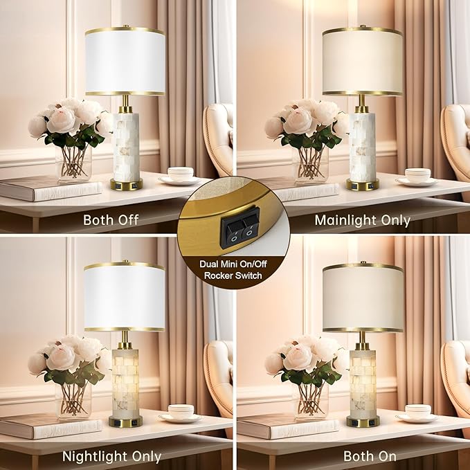 27" Natural Alabaster Table Lamps Set of 2, Lamps for Living Room Bedroom,Bedside Lamps with Night Light,Nightstand Lamp with USB A+C Ports,Modern Table Lamp with Linen Shade (Bulbs Included)