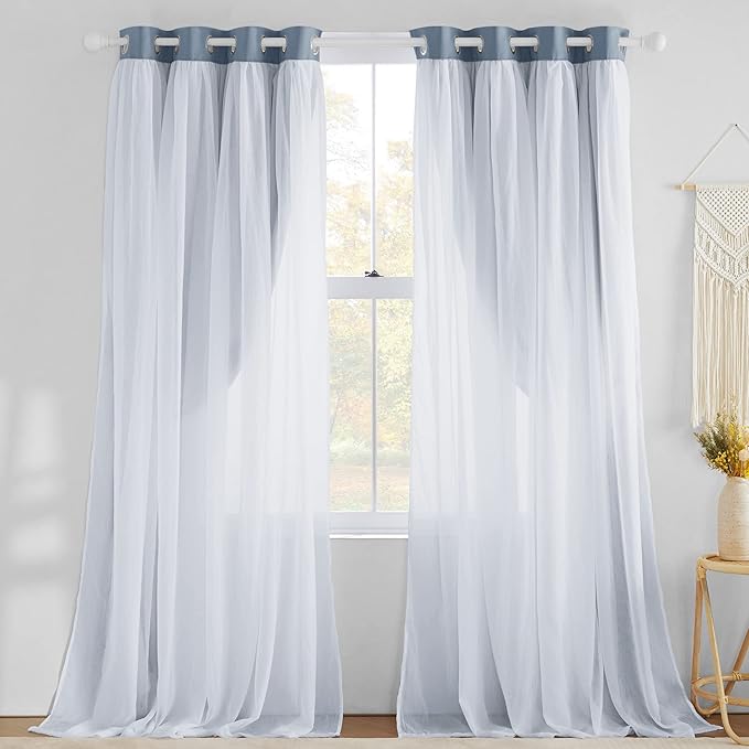 NICETOWN Bedroom Curtains for Kids, Room Darkening Thermal Insulated Sliding Glass Door Curtains for Living Room Double Layer Curtains with Crushed Sheer Overlay, 52" W x 84" L, 2 Panels, Stone Blue