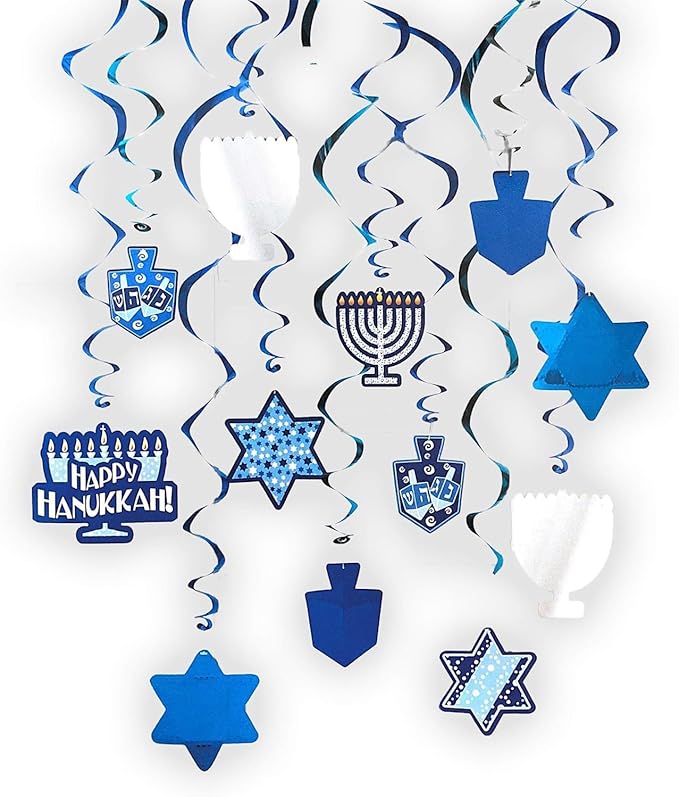 The Dreidel Company Hanukkah Swirl Decorations, Includes 12 Swirls with Foil Hanukkah Cutouts 24" and Swirls Alone Hang 18" Long (6-Pack)