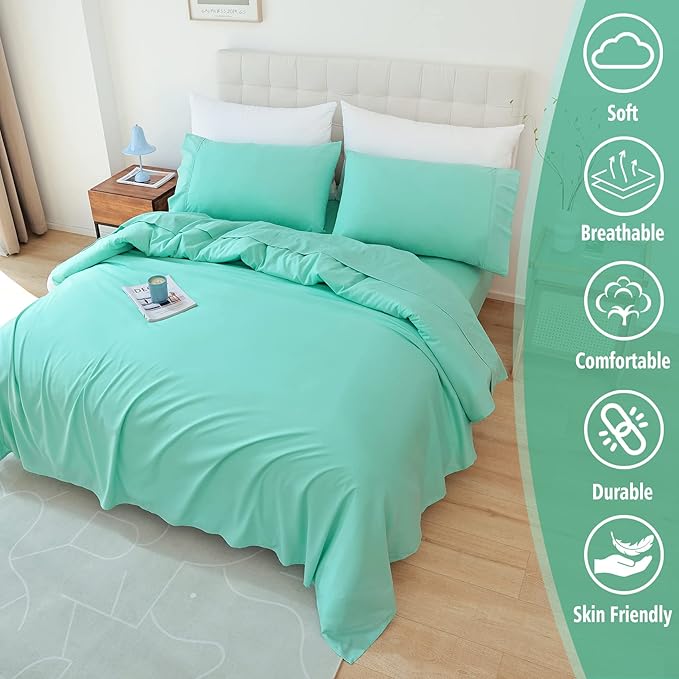 Whitney Home Textile King Size Sheets Set, Soft Microfiber Hotel Bed Sheets King Size, Extra Deep Pocket, Luxury Breathable Bedding Sheet & Pillowcase Sets, 4 Piece Wrinkle Free Oeko-Tex, Aqua