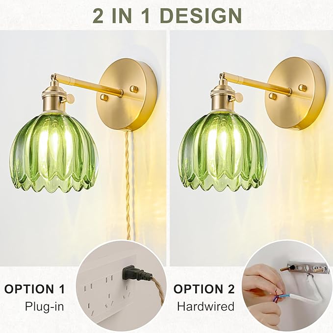 Plug in Wall Sconce, Vintage Sconce Light with Tulip Green Glass Lampshade, 180° Adjustable Wall Sconce with Switch and Plug in Wall Lamp Cord, Gold Wall Light for Bedroom Bedside