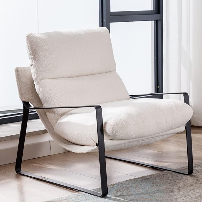 Mid-Century Accent Chair, Comfy Sherpa Fabric Side Chair with Armrest, Upholstered Leisure Chair with Black Metal Frame for Living Room Bedroom Reception Room, White