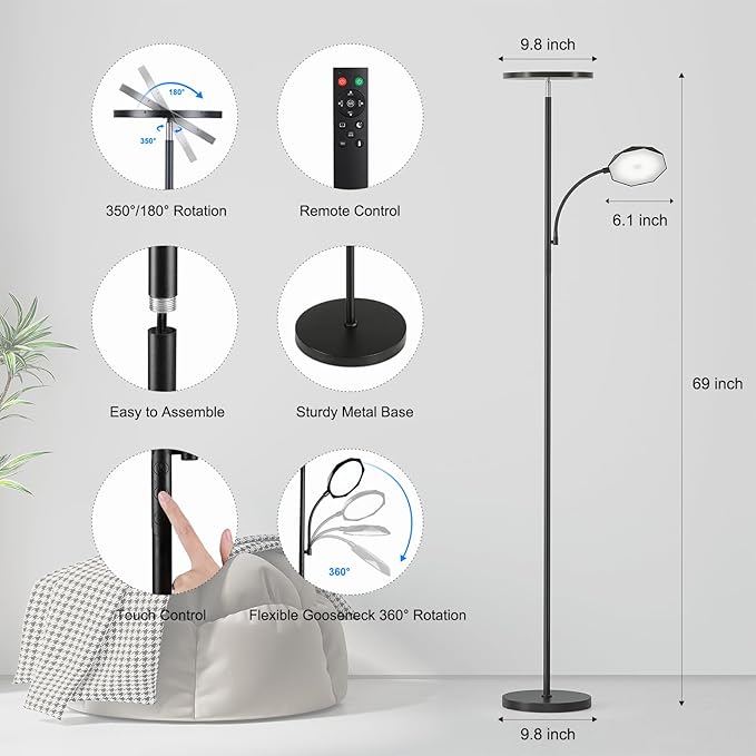 SUNMORY Floor Lamps for Living Room, 48W/4200LM Super Bright LED Floor Lamp with Remote Control, 69" Tall Standing Lamp with Stepless Dimmable, Modern Torchiere Reading Lamp for Bedroom, Office