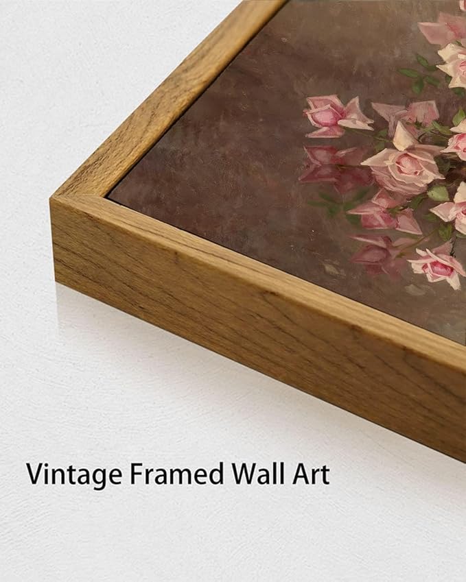 KISSFOX Vintage Floral Canvas Wall Art Framed Retro Pink Flower Botanical Painting Prints Farmhouse Rustic Still Life Roses Pictures Decor Gallery Office Living Room Bedroom Bathroom