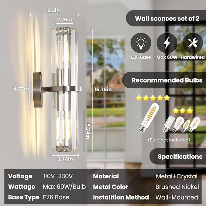 Crystal Wall Sconce Set of 2, Brushed Nickel Luxury Indoor Vanity Wall Lamp, 15.7-Inch Upper and lower illuminated Bathroom Light Fixtures, for Living Room, Bedroom, Bathroom, Hallway, Mirror, E26