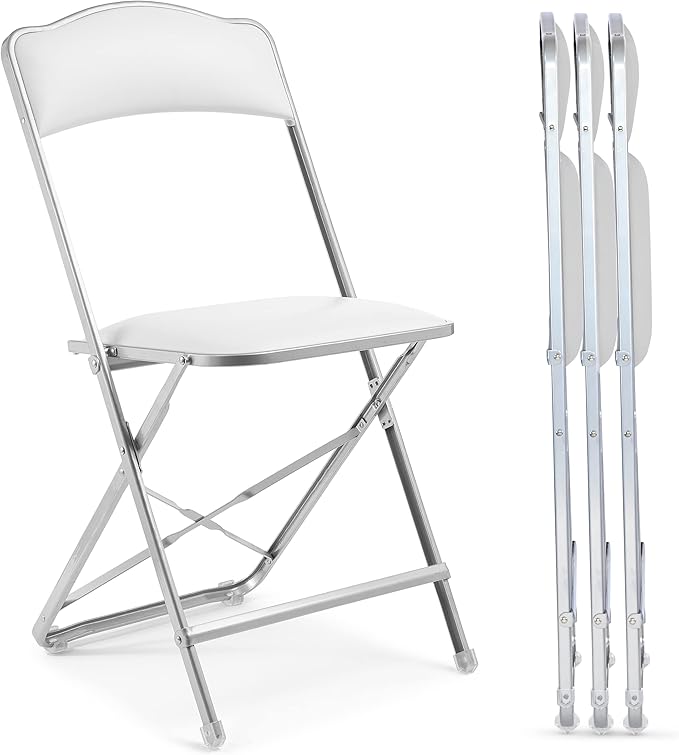 Folding Chairs with Padded Seats 4 Pack - Foldable Chair with Heavy-Duty Steel Frame, Elegant Party Bridge Chairs, Metal Folding Chair for Outside, Home, Office, Indoor Outdoor Events - Silver/ White
