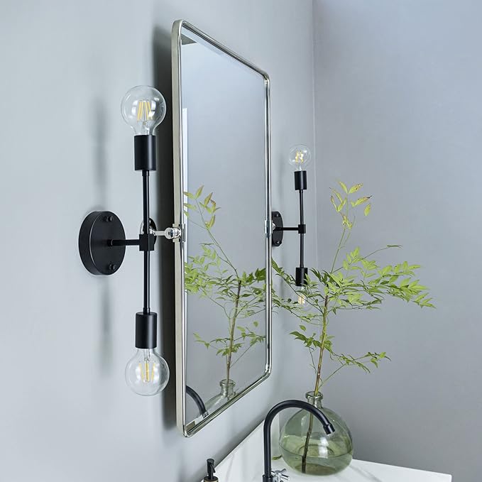 TEHOME Chrome Pivot Rectangle Bathroom Vanity Mirrror Farmhouse Tiltable Rounded Metal Framed Pivoting Bathroom Mirror with Beveled Mirrror, Overall 26.91 x 35 inches (Mirrror 23 x 35 inches)