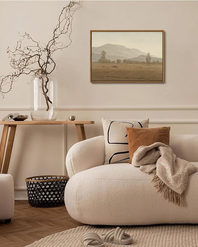 KISSFOX Vintage Landscape Framed Wall Art Grassland Mountain Canvas Wall Art Minimalist Neutral Farmhouse Serene Countryside Paintings Artwork Rustic Art Prints For Bedroom Living Room