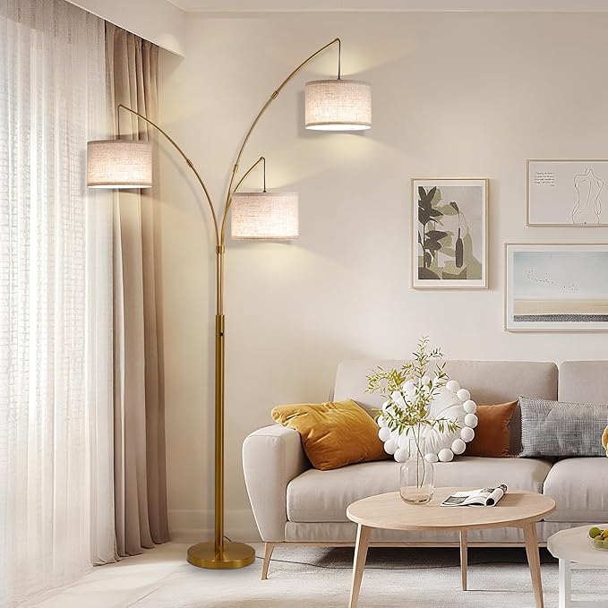 Gold Floor Lamps for Living Room, Super Bright Arc Floor Lamp with Remote Control, 3 Light Tall Floor Lamps with Stepless Dimmable, 80" Mid Century Tree Floor Lamp for Bedroom, Office