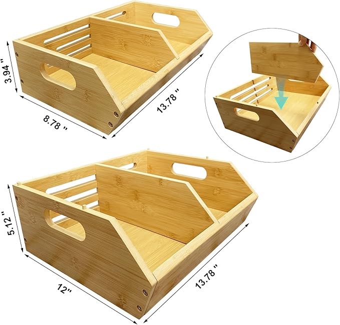 2-Pack Stackable Vegetable Storage Bins, Kitchen and Pantry Organizers and Storage Baskets, for Fruit, Vegetable, Produce, Bread, Potato Onion and Snacks, Bamboo Kitchen Storage Containers