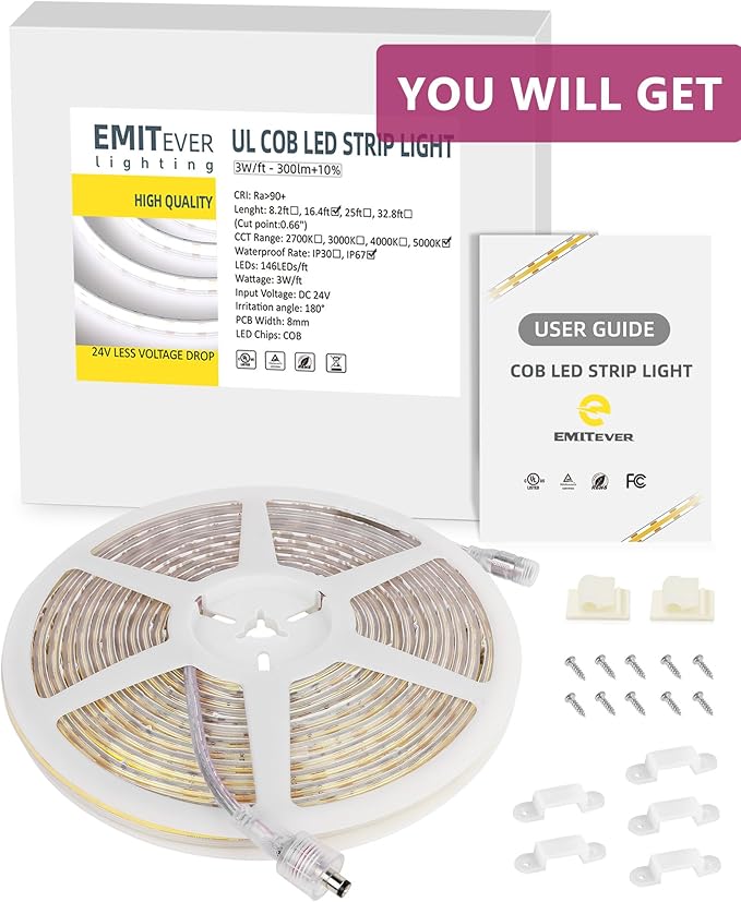 EMITEVER COB LED Strip Lights Waterproof IP67, 5000K White Outdoor 24V Dimmable Silicone LED Tape Lighting 16.4ft High Density, 300+LM/ft, 2400LEDs,3W/ft, UL Listed (Power Supply Not Included)