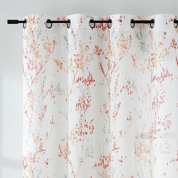 White Semi Sheers Curtains with Red Orange Tree Branch Print Pattern Window Curtains for Living-Room 84" Grommet Top Privacy Curtain Drapes Watercolor Design Curtain Panels 2 pcs