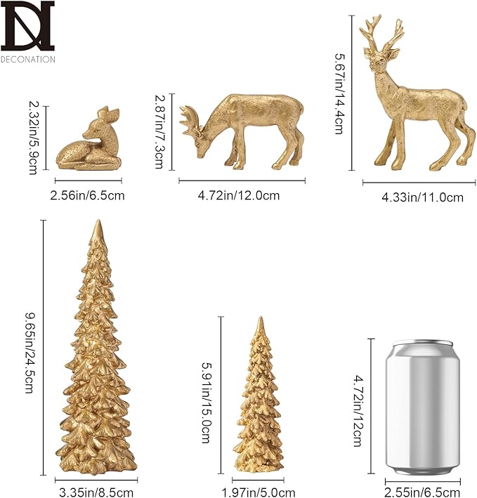 DN DECONATION Christmas Reindeer and Tree Decor – Set of 5 Gold Xmas Reindeer with Christmas Tree Statues – Vintage Resin Woodland Forest Animals Deers for Table Mantle, Indoor Winter Decor