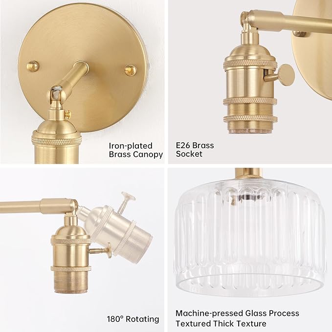 Vintage Battery Operated Wall Sconce with Clear Striped Glass Lampshade 5000 mAh Rechargeable Battery Powered Wall Light with Remote Control for Bedside Bedroom Doorway, Set of 2