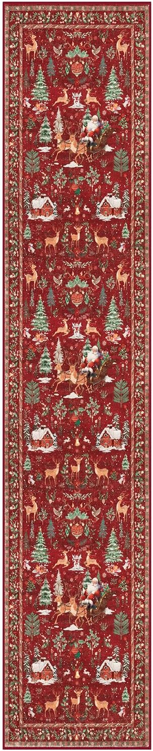 Lahome Christmas Runner Rug 2x10 Red Hallway Runner Rug,Kitchen Runner Rugs Non Skid Washable,Soft Christmas Tree Santa Claus Bathroom Carpet Runner for Entryway Bedside Holiday Decor(2'x10',Red)