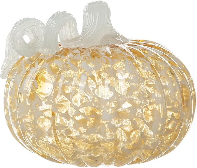 Glitzhome 6" D Fall Amber Dots Round Glass Pumpkin,Hand Blown Crystal Pumpkin Figurine Collectibles Table Accent for Fall Harvest Decorating