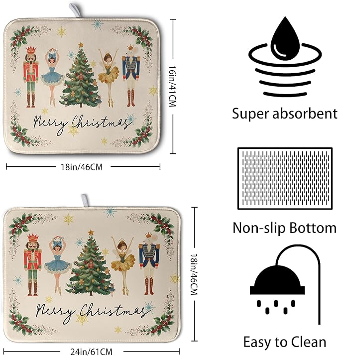 Merry Christmas Nutcracker Dish Drying Mat for Kitchen Counter 18x24 Inch Winter Xmas Tree Snowflakes Drying Mats Microfiber Absorbent Dish Drainer Washable Dish Rack Pad for Sink Coffee Bar
