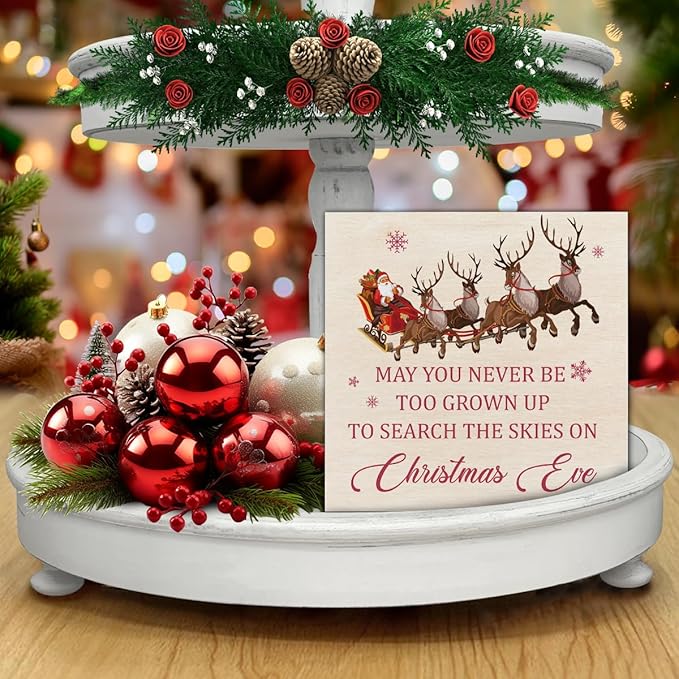 Christmas Signs, May You Never Be Too Grown Up to Search the Skies on Christmas Eve Wooden Sign Decor, Santa Claus Reindeer Wooden Block Sign, Christmas Decor for Table Shelf 5 x 5 Inch