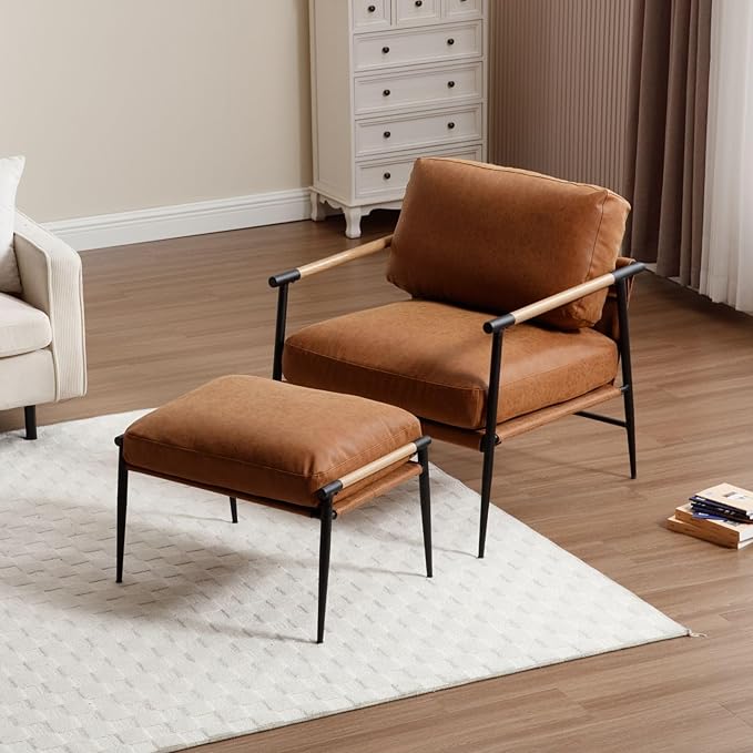 LukeAlon Upholstered PU Leather Footstool, Modern Ottoman Footrest Small Shoe Stool with Black Metal Legs Mid Century Vanity Stool with Armrests for Living Room Entrance Cushion Removable, Brown